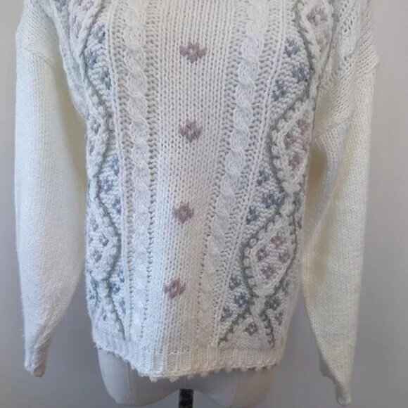 Vintage Hand Knit Needlepoint Cable Knit Mock Neck Sweater Size Medium Kawaii - Picture 5 of 12